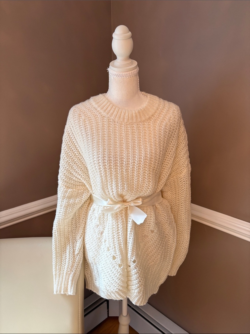 American Eagle Outfitters Cream Chunky Knit Crewneck with Satin Waist Tie